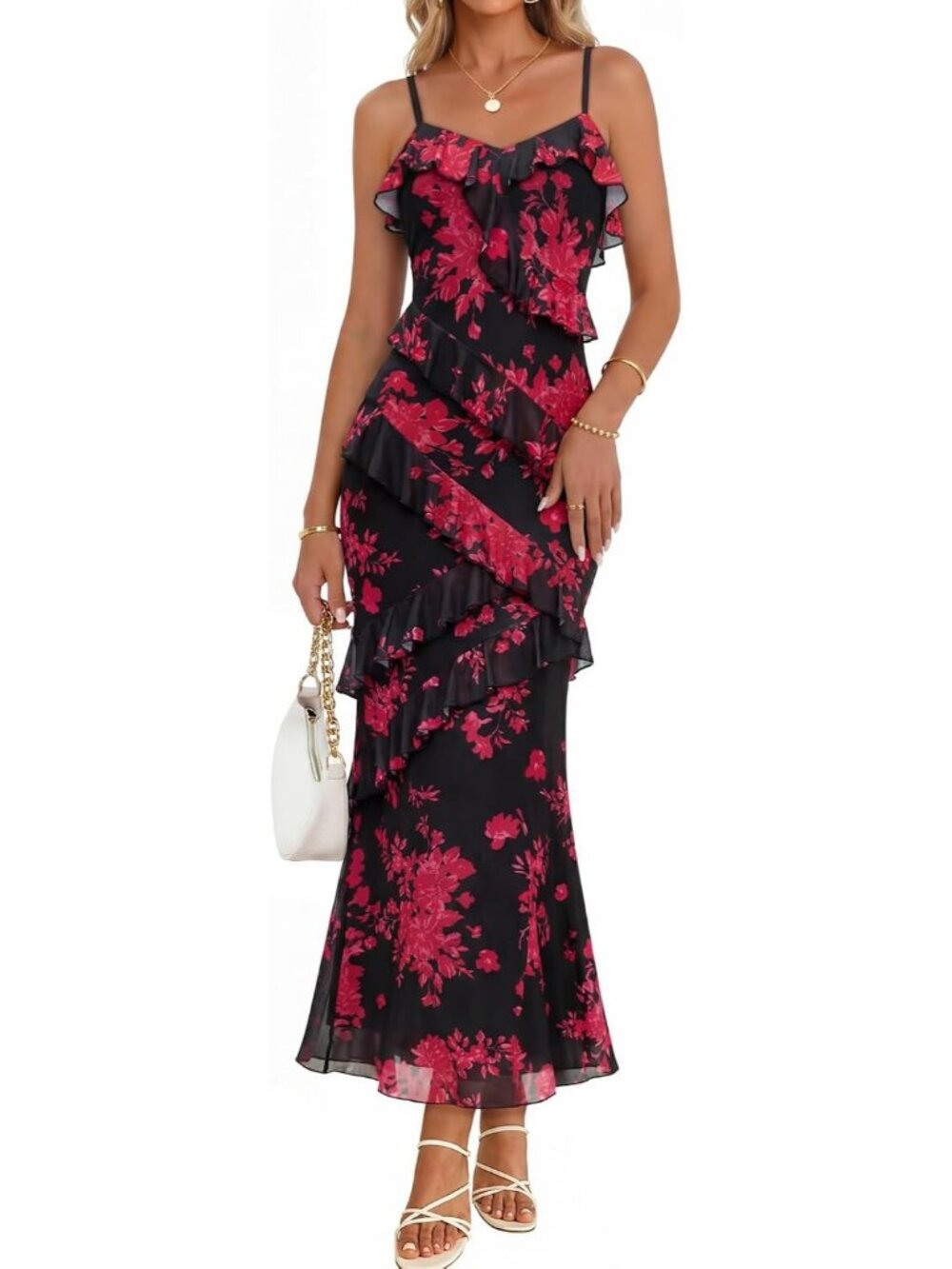 Women's Black Red Shoulder Sleeve V Neck High Waist Backless Wedding Dress